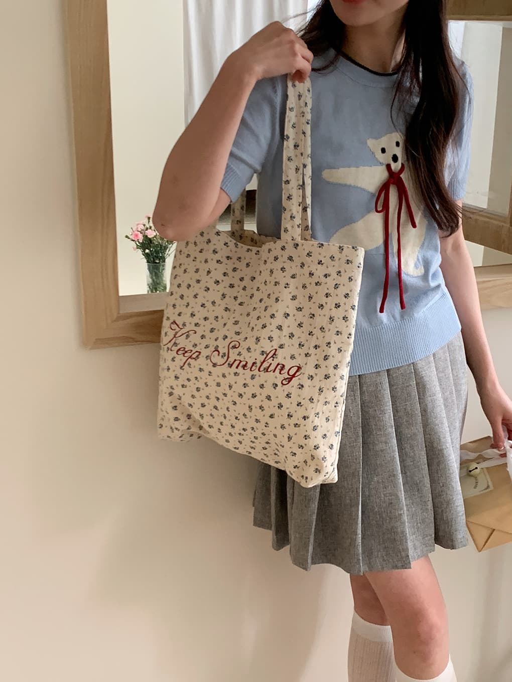 帆布バッグ 小花柄刺繍帆布トートバッグ肩掛け対応