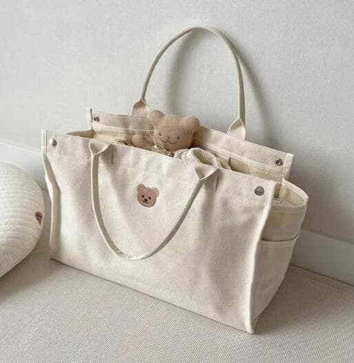 女性用多機能帆布バッグ くま刺繍付き2色展開