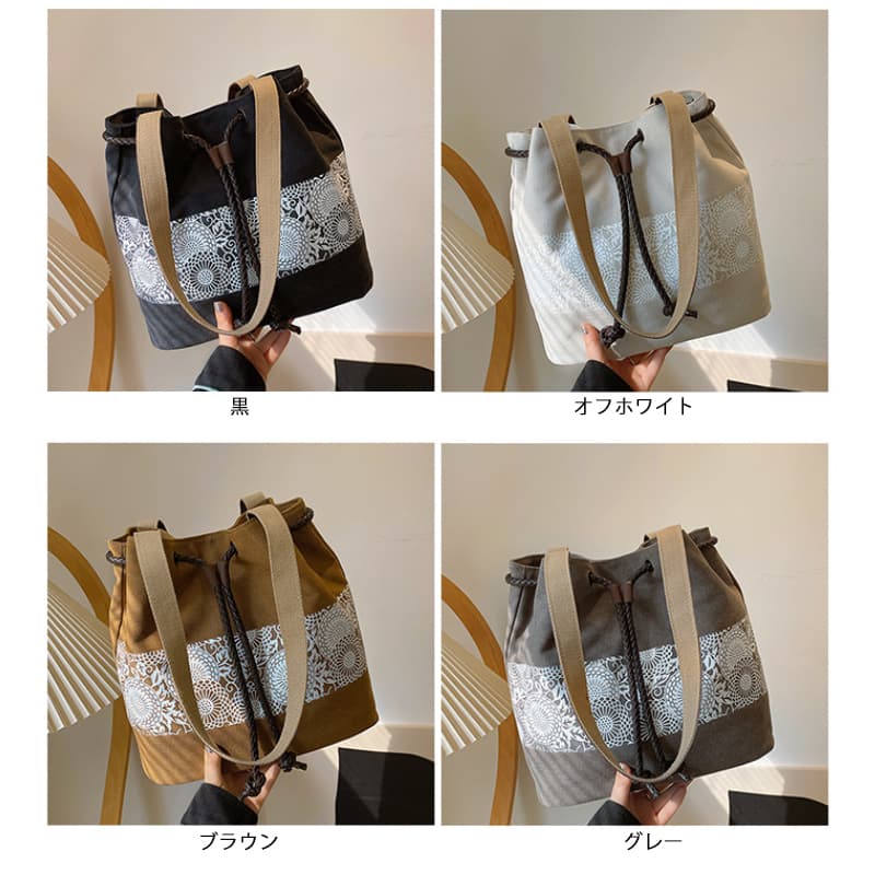帆布バッグ レディース花柄レース巾着型帆布トートバッグ