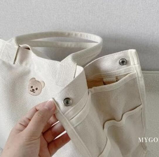 女性用多機能帆布バッグ くま刺繍付き2色展開